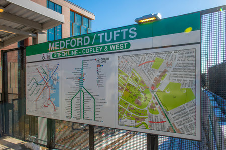 Sign and map of MBTA Green Line Medford Tufts station in city of Medford, Massachusetts MA, USA. The station is Green Line Extension GLX opened in Dec. 12, 2022.のeditorial素材