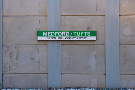 Boston Metro MBTA Green Line Medford Tufts station in city of Medford, Massachusetts MA, USA. The station is Green Line Extension GLX opened in Dec. 12, 2022.のeditorial素材