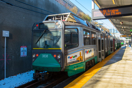 MBTA Green Line Ansaldo Breda Type 8 train at Medford Tufts station in Medford, Massachusetts MA, USA. Green Line Extension opened in Dec. 12, 2022.のeditorial素材
