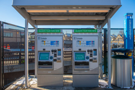 MBTA Green Line Fare Vending Machine at Ball Square station in Medford and Somerville, Massachusetts MA, USA. The Green Line Extension opened on Dec. 12, 2022.のeditorial素材