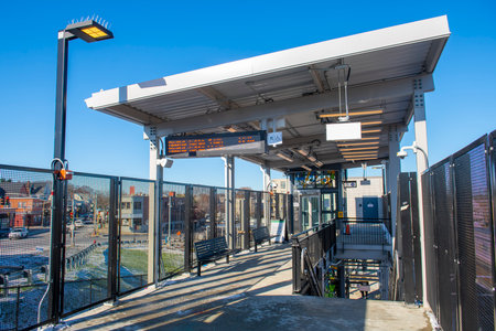 Boston Metro MBTA Green Line Ball Square station in city of Medford and Somerville, Massachusetts MA, USA. The station is Green Line Extension opened on Dec. 12, 2022.のeditorial素材