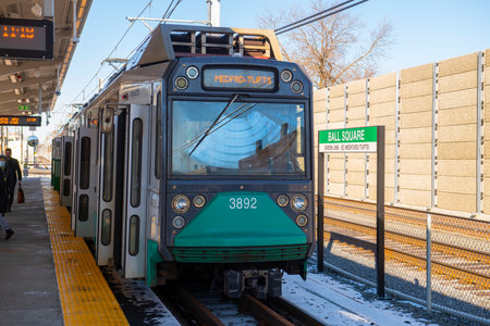 MBTA Green Line Ansaldo Breda Type 8 train at Ball Square station in Medford and Somerville, Massachusetts MA, USA. Green Line Extension opened on Dec. 12, 2022.のeditorial素材
