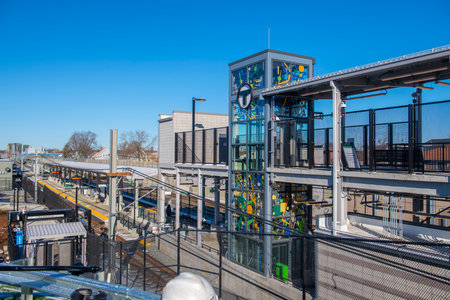 Boston Metro MBTA Green Line Ball Square station in city of Medford and Somerville, Massachusetts MA, USA. The station is Green Line Extension opened on Dec. 12, 2022.のeditorial素材