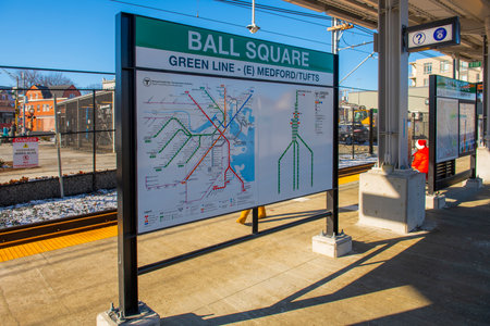 Sign and map of MBTA Green Line Ball Square station in city of Medford, Massachusetts MA, USA. The station is Green Line Extension GLX opened in Dec. 12, 2022.のeditorial素材