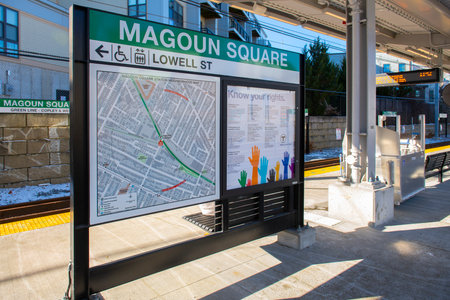 Sign and map of MBTA Green Line Magoun Square station in city of Somerville, Massachusetts MA, USA. The station is Green Line Extension GLX opened in Dec. 12, 2022.のeditorial素材