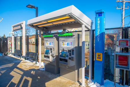 MBTA Green Line Fare Vending Machine at Magoun Square station in Somerville, Massachusetts MA, USA. The Green Line Extension opened on Dec. 12, 2022.のeditorial素材