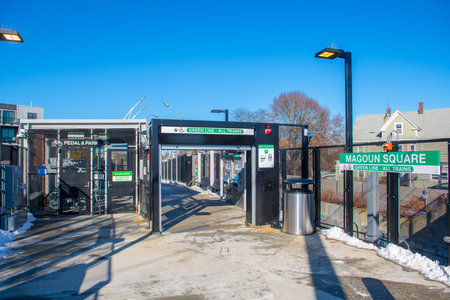 Boston Metro MBTA Green Line Magoun Square station in city of Somerville, Massachusetts MA, USA. The station is Green Line Extension opened on Dec. 12, 2022.のeditorial素材