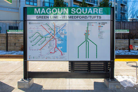 Sign and map of MBTA Green Line Magoun Square station in city of Somerville, Massachusetts MA, USA. The station is Green Line Extension GLX opened in Dec. 12, 2022.のeditorial素材