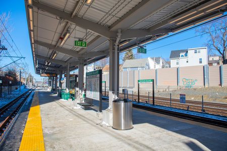 Boston Metro MBTA Green Line Magoun Square station in city of Somerville, Massachusetts MA, USA. The station is Green Line Extension opened on Dec. 12, 2022.のeditorial素材