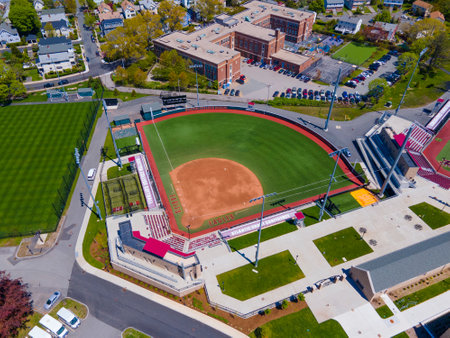 Brighton Softball Stadium aerial view at Harrington Athletics Village in Boston College Brighton Campus in Brighton, city of Boston, Massachusetts MA, USA.のeditorial素材