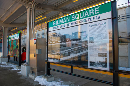 Sign and map of MBTA Green Line Gilman Square station in city of Somerville, Massachusetts MA, USA. The station is Green Line Extension GLX opened in Dec. 12, 2022.のeditorial素材