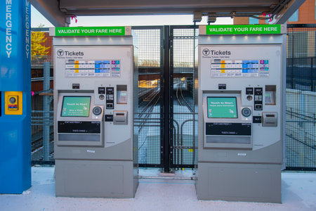 MBTA Green Line Fare Vending Machine at Gilman Square station in Somerville, Massachusetts MA, USA. The Green Line Extension opened on Dec. 12, 2022.のeditorial素材