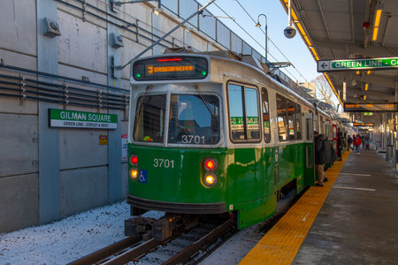 MBTA Green Line Kinki Sharyo Type 7 train at Gilman Square station in Somerville, Massachusetts MA, USA. Green Line Extension opened in Dec. 12, 2022.のeditorial素材