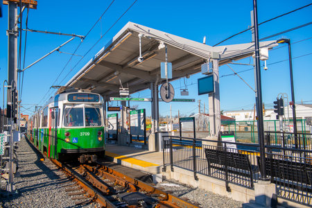 MBTA Green Line Kinki Sharyo Type 7 train at East Somerville station in Somerville, Massachusetts MA, USA. Green Line Extension opened on Dec. 12, 2022.のeditorial素材