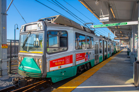 MBTA Green Line Ansaldo Breda Type 8 train at East Somerville station in Somerville, Massachusetts MA, USA. Green Line Extension opened on Dec. 12, 2022.のeditorial素材