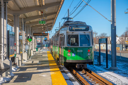 MBTA Green Line Kinki Sharyo Type 7 train at East Somerville station in Somerville, Massachusetts MA, USA. Green Line Extension opened on Dec. 12, 2022.のeditorial素材