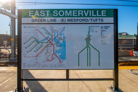 Sign and map of MBTA Green Line East Somerville station in city of Somerville, Massachusetts MA, USA. The station is Green Line Extension GLX opened in Dec. 12, 2022.のeditorial素材