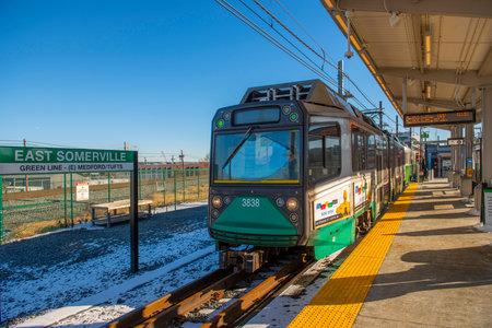 MBTA Green Line Ansaldo Breda Type 8 train at East Somerville station in Somerville, Massachusetts MA, USA. Green Line Extension opened on Dec. 12, 2022.のeditorial素材