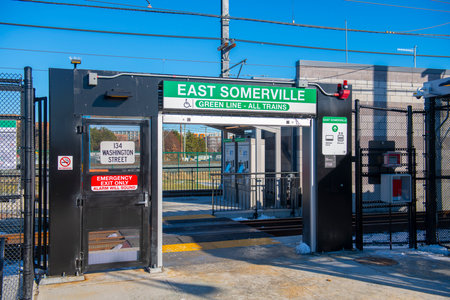 MBTA Green Line Kinki Sharyo Type 7 train at East Somerville station in Somerville, Massachusetts MA, USA. Green Line Extension opened on Dec. 12, 2022.のeditorial素材