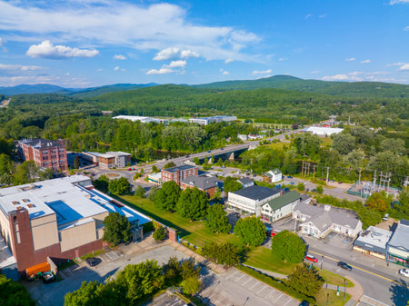 Main Street aerial view with White Mountain National Forest at the background in summer in town of Plymouth, New Hampshire NH, USA.の写真素材