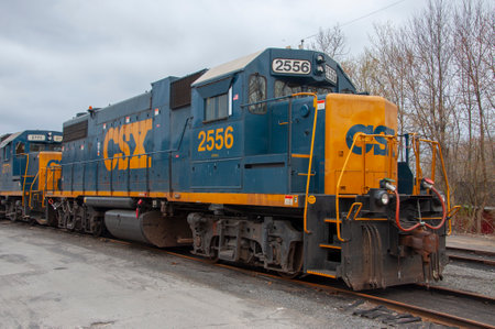 CSX EMD GP38-2 Diesel Locomotive # 2556 at Massena CSX train station in town of Massena, New York State NY, USA.のeditorial素材