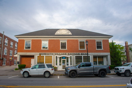 Meredith Village Savings Bank in a historic building at 131 Main Street in town center of Plymouth, New Hampshire NH, USA.のeditorial素材