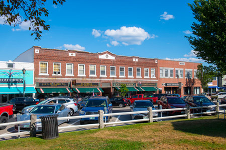 Historic commercial buildings on Main Street in town center of Plymouth, New Hampshire NH, USA.のeditorial素材