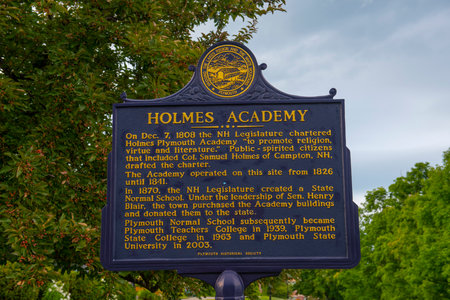 Holmes Academy sign in Plymouth State University in historic town center of Plymouth, New Hampshire NH, USA. The school now belongs to State University.の写真素材