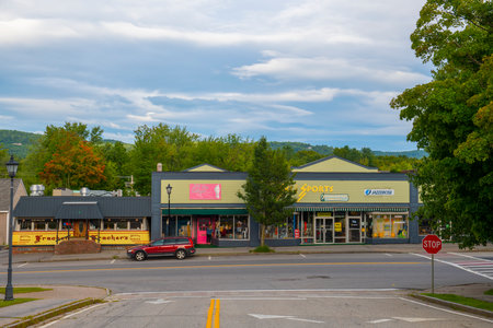 Historic commercial buildings on Main Street in town center of Plymouth, New Hampshire NH, USA.のeditorial素材
