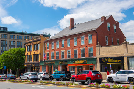 Dunkin' in a historic commercial building at 424 Main Street in historic city center of Malden, Massachusetts MA, USA.のeditorial素材
