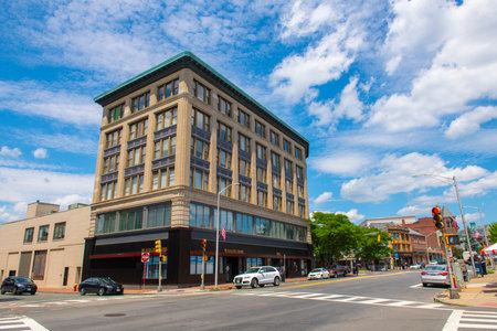 Historic commercial building at 390 Main Street in historic city center of Malden, Massachusetts MA, USA.のeditorial素材