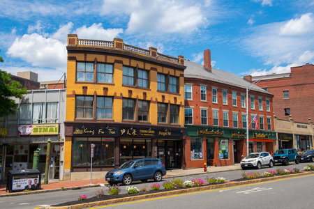 Kung Fu Tea in a historic commercial building at 3 Pleasant Street at Main Street in historic city center of Malden, Massachusetts MA, USA.のeditorial素材