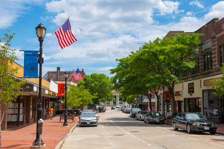 Historic commercial building on Pleasant Street at Main Street in historic city center of Malden, Massachusetts MA, USA.のeditorial素材