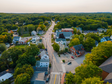 Historic commercial building aerial view on Main Street in historic town center of Newmarket, New Hampshire NH, USA.の写真素材