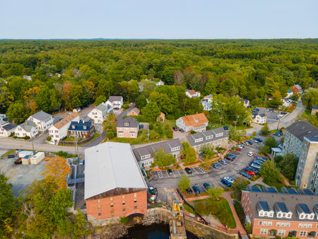 Historic commercial building aerial view on Main Street in historic town center of Newmarket, New Hampshire NH, USA.の写真素材