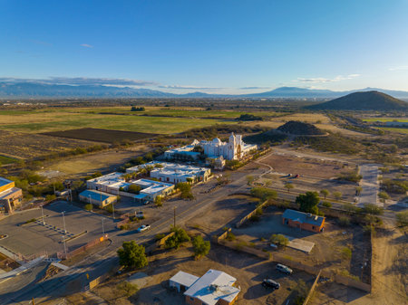 Mission San Xavier del Bac aerial view in Tohono O'odham Nation Indian Reservation near city of Tucson, Arizona AZ, USA.の写真素材