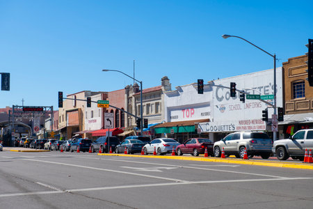 Historic commercial buildings on N Grand Avenue in city of Nogales, Arizona AZ, USA. Nogales is on the border between Arizona USA and Sonora Mexico.のeditorial素材