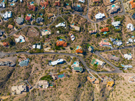 Luxurious historic mansion aerial view at the foot of Camelback Mountain in city of Phoenix, Arizona AZ, USA.の写真素材