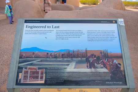 Introduction of Casa Grande Ruins National Monument. The park is a historic ruin built by Hohokam people in 13th century in Coolidge, Arizona AZ, USA.のeditorial素材