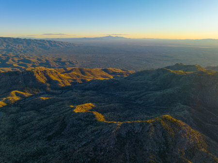 Mount Lemmon aerial view at sunset from Thimble Peak Vista in Pima County near Tucson, Arizona AZ, USA.の写真素材