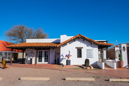 Historic adobe style buildings featured with handcraft arts around Tubac Plaza in historic town center of Tubac, Santa Cruz County, Arizona AZ, USA.のeditorial素材