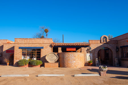 Historic adobe style buildings featured with handcraft arts around Tubac Plaza in historic town center of Tubac, Santa Cruz County, Arizona AZ, USA.のeditorial素材