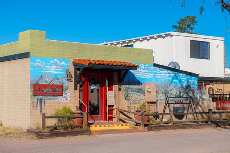 Historic adobe style buildings featured with handcraft arts around Tubac Plaza in historic town center of Tubac, Santa Cruz County, Arizona AZ, USA.のeditorial素材