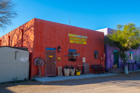 Historic adobe style buildings featured with handcraft arts around Tubac Plaza in historic town center of Tubac, Santa Cruz County, Arizona AZ, USA.のeditorial素材