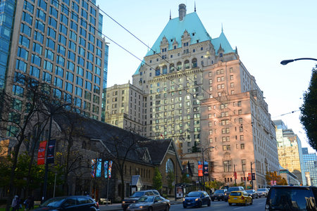 Fairmont Hotel Vancouver with Art Deco style at 900 W Georgia Street in downtown Vancouver, British Columbia BC, Canada.のeditorial素材