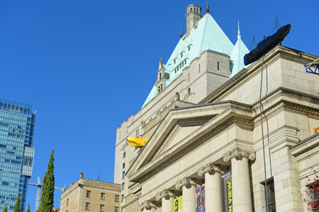 Vancouver Art Gallery at 750 Hornby Street with Fairmont Hotel Vancouver at the back in downtown Vancouver, British Columbia BC, Canada.のeditorial素材