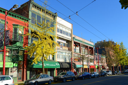 Ming Wo Cookware and Hon Hsing Athletic Association building on E Pender Street in historic Chinatown in city of Vancouver, British Columbia BC, Canada.のeditorial素材