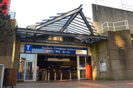Skytrain Stadium-Chinatown Station near historic Chinatown in city of Vancouver, British Columbia BC, Canada.のeditorial素材