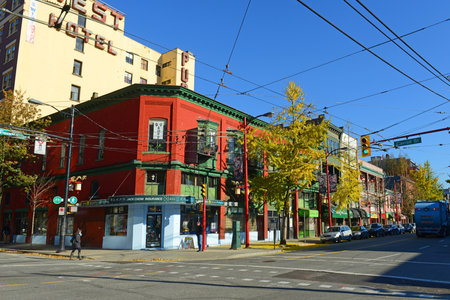 Historic commercial buildings on 1 E Pender Street at Carrall Street in historic Chinatown in city of Vancouver, British Columbia BC, Canada.のeditorial素材