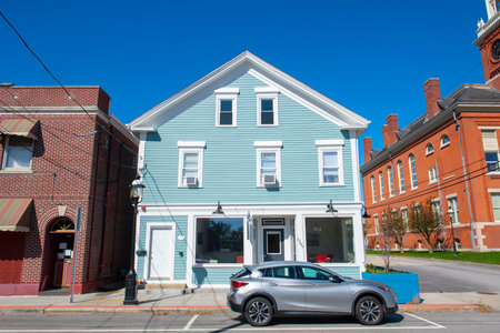 Historic commercial buildings on Post Road in village center of Apponaug, city of Warwick, Rhode Island RI, USA.のeditorial素材